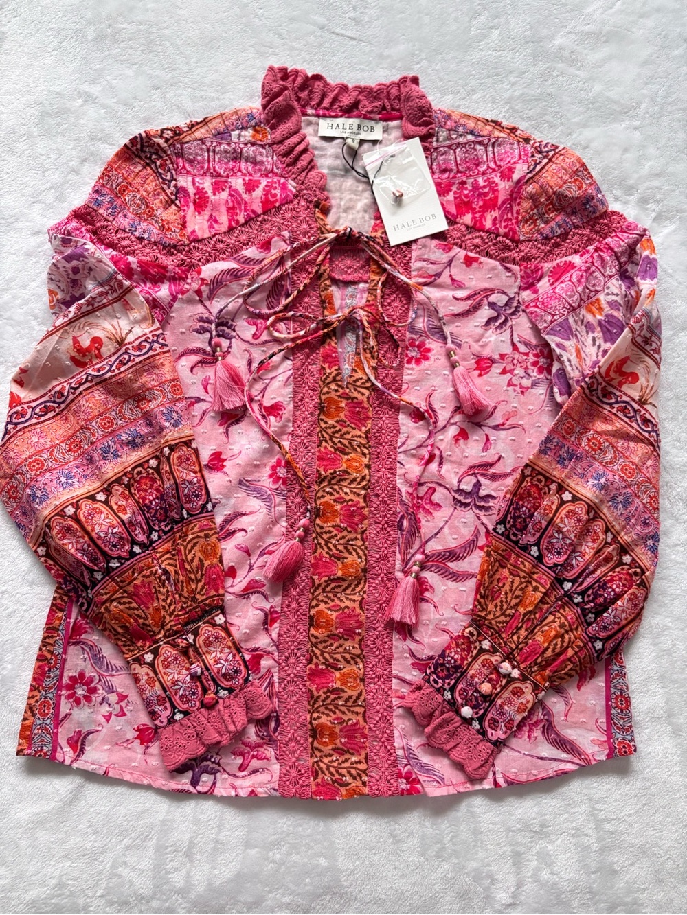 HALE BOB Selena Pink Floral Long Sleeve Boho Crochet Lace Up Blouse--NWT--S